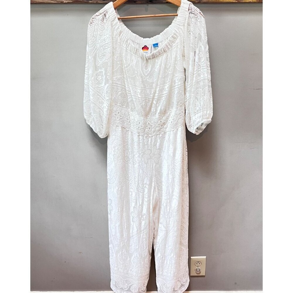 Farm Rio For Anthropologie White Lace Maxi Jumpsuit With Balloon Sleeves Size M